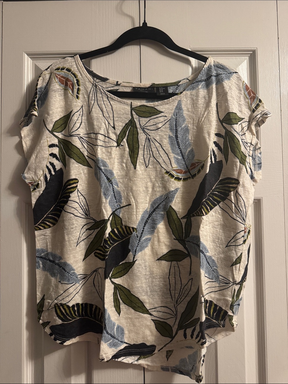 Tahari Cream Linen Top with Green and Blue Leaf Motif